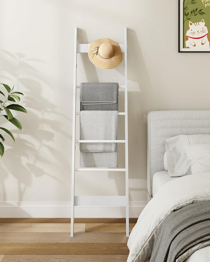 Hzuaneri Blanket Ladder for Living Room, Decorative Quilt Rack with 4 Removable Hooks, 5-Tier Farmhouse Ladder Holder Shelf Organizer for Bedroom, Rustic Brown and Black 02101BBR