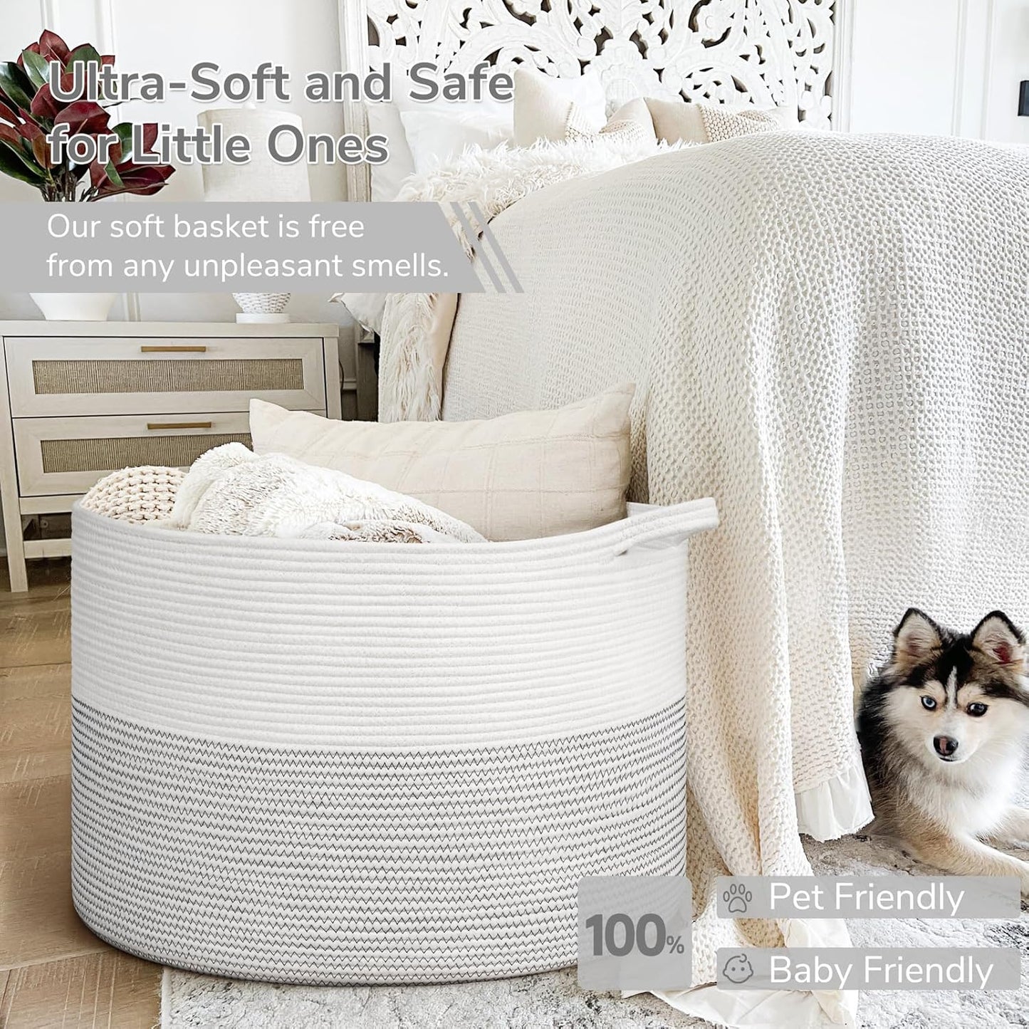 INDRESSME XXXLarge Blanket Basket for Living Room 21.7" x 21.7" x 13.8"-Storage Basket with Handle for Organizing Toy Pillows Woven Cotton Rope Laundry Basket Stuffed Animal Toy Storage for Play Room