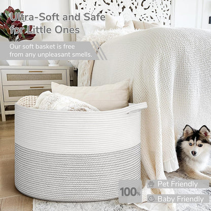 INDRESSME XXXLarge Blanket Basket for Living Room 21.7" x 21.7" x 13.8"-Storage Basket with Handle for Organizing Toy Pillows Woven Cotton Rope Laundry Basket Stuffed Animal Toy Storage for Play Room