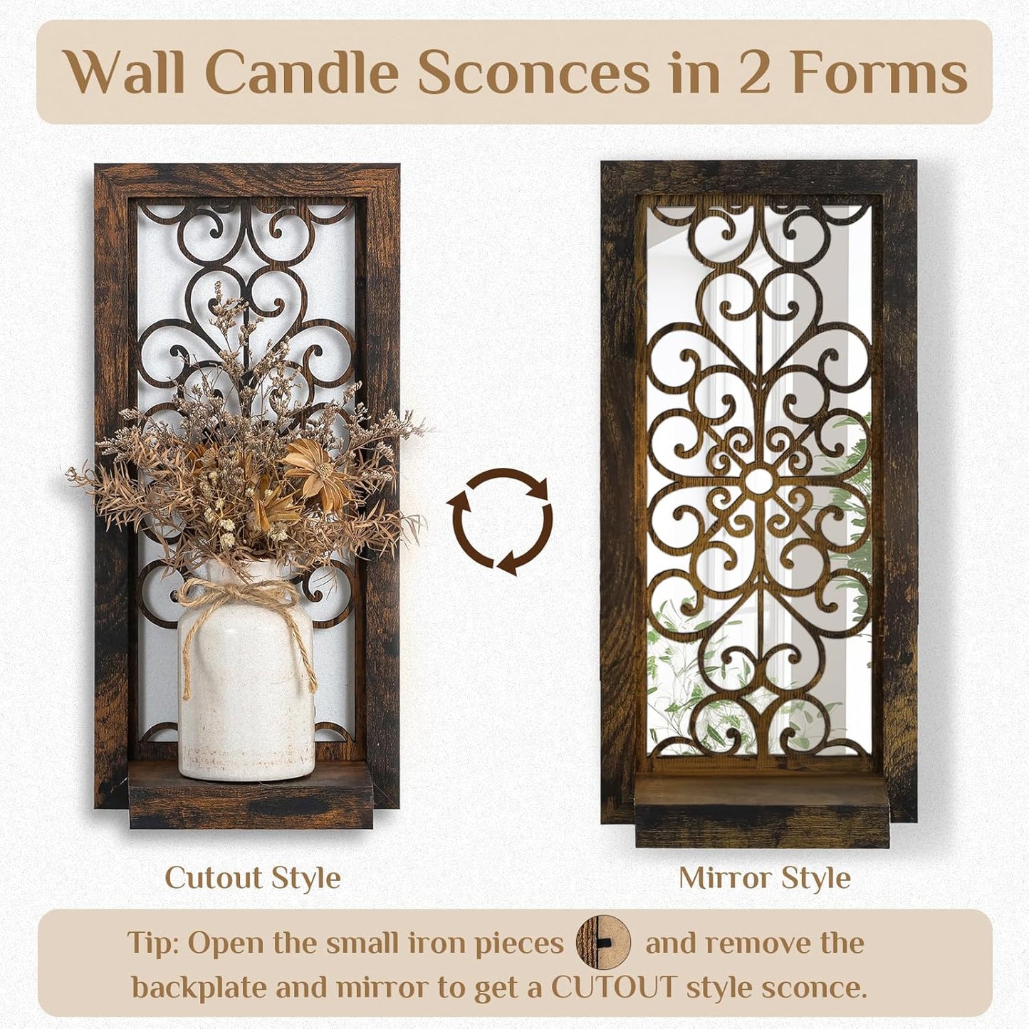 Farmhouse Wall Candle Holder Decor: Rustic Candle Sconces Set of Two for Pillar Candles - Brown Wooden Shelving for Fireplace Bathroom Hallway