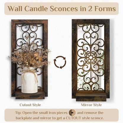 Farmhouse Wall Candle Holder Decor: Rustic Candle Sconces Set of Two for Pillar Candles - Brown Wooden Shelving for Fireplace Bathroom Hallway