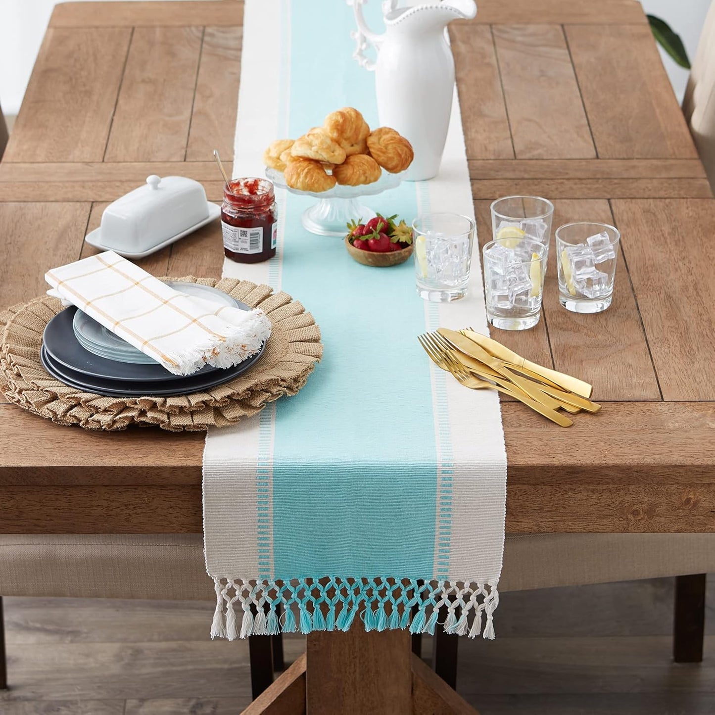 DII Dobby Stripe Woven Table Runner, 13x72-inch, French Blue