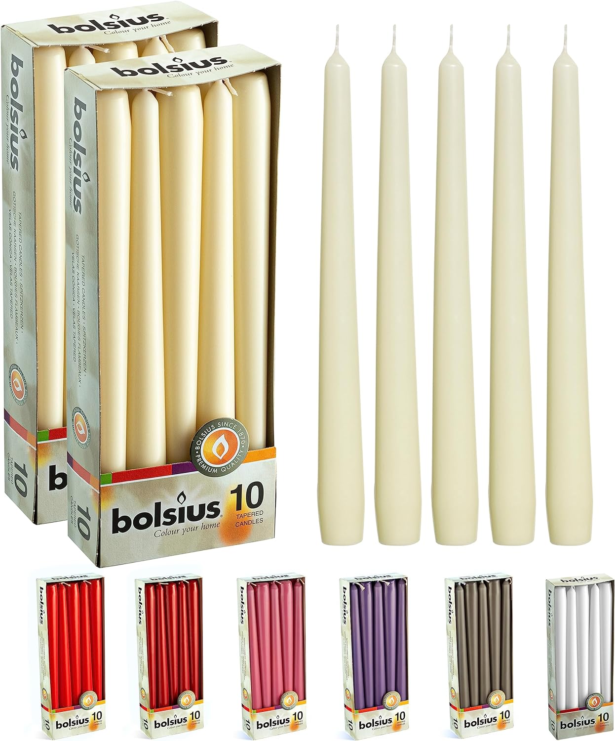 BOLSIUS Ivory Taper Candles - 10 Pack Unscented 10 Inch Dinner Candle Set - 8 Hours Burn Time - Premium European Quality - Smokeless and Dripless Household, Wedding, Party, and Home Décor Candlesticks