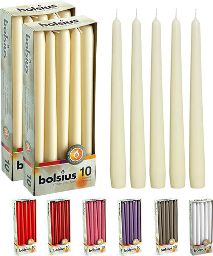 BOLSIUS Ivory Taper Candles - 10 Pack Unscented 10 Inch Dinner Candle Set - 8 Hours Burn Time - Premium European Quality - Smokeless and Dripless Household, Wedding, Party, and Home Décor Candlesticks