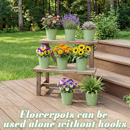 HowRU Metal Iron Flower Pots for Railing Fence Hanging Bucket Pots(5 Pcs) and Hanging Flower Pots Metal Iron Bucket Planter(10 Pcs) (Black)