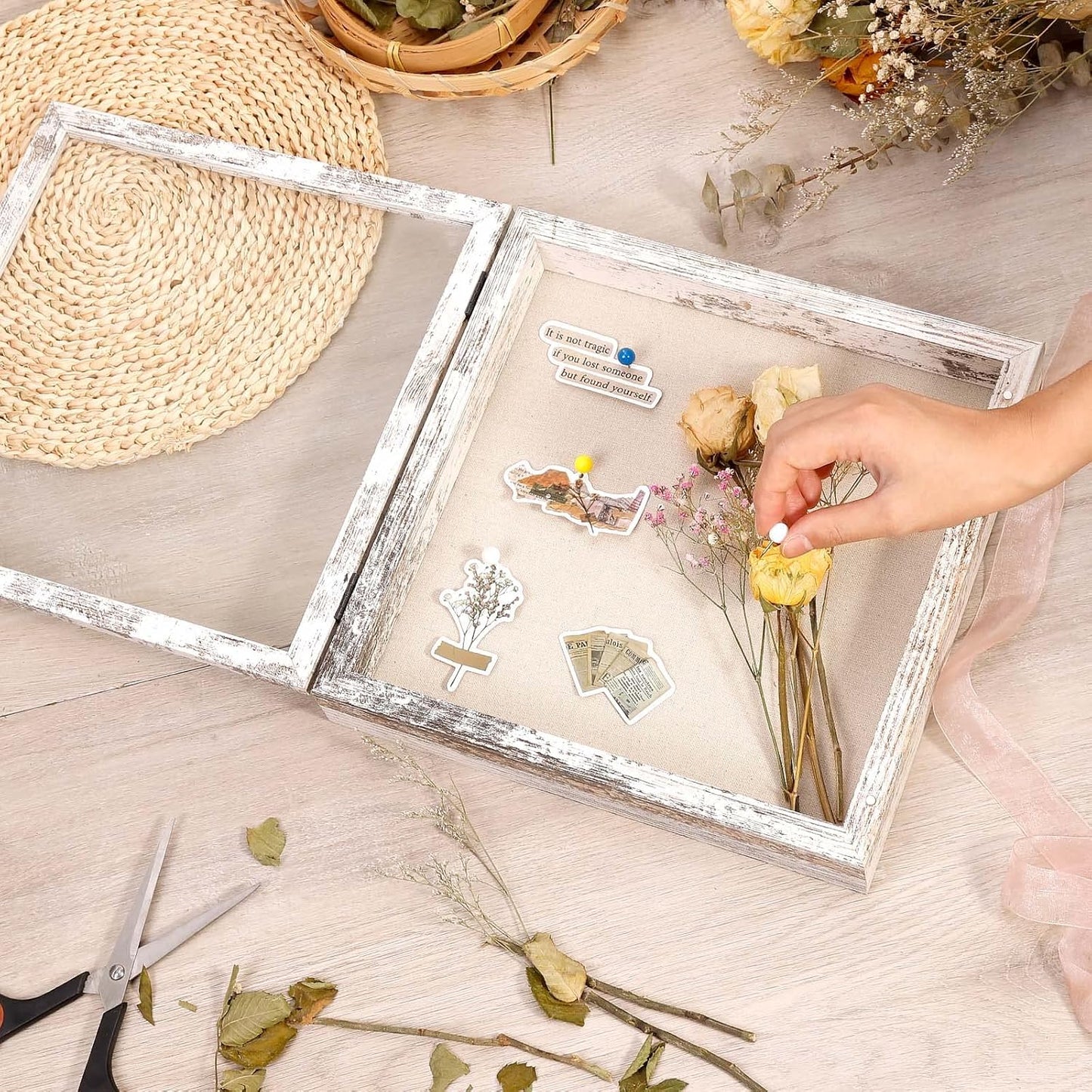 Califortree 8x10 Shadow Box Frame with Linen Back - Sturdy Rustic Memory Display Case of Flower, Pictures, Medals and More, White