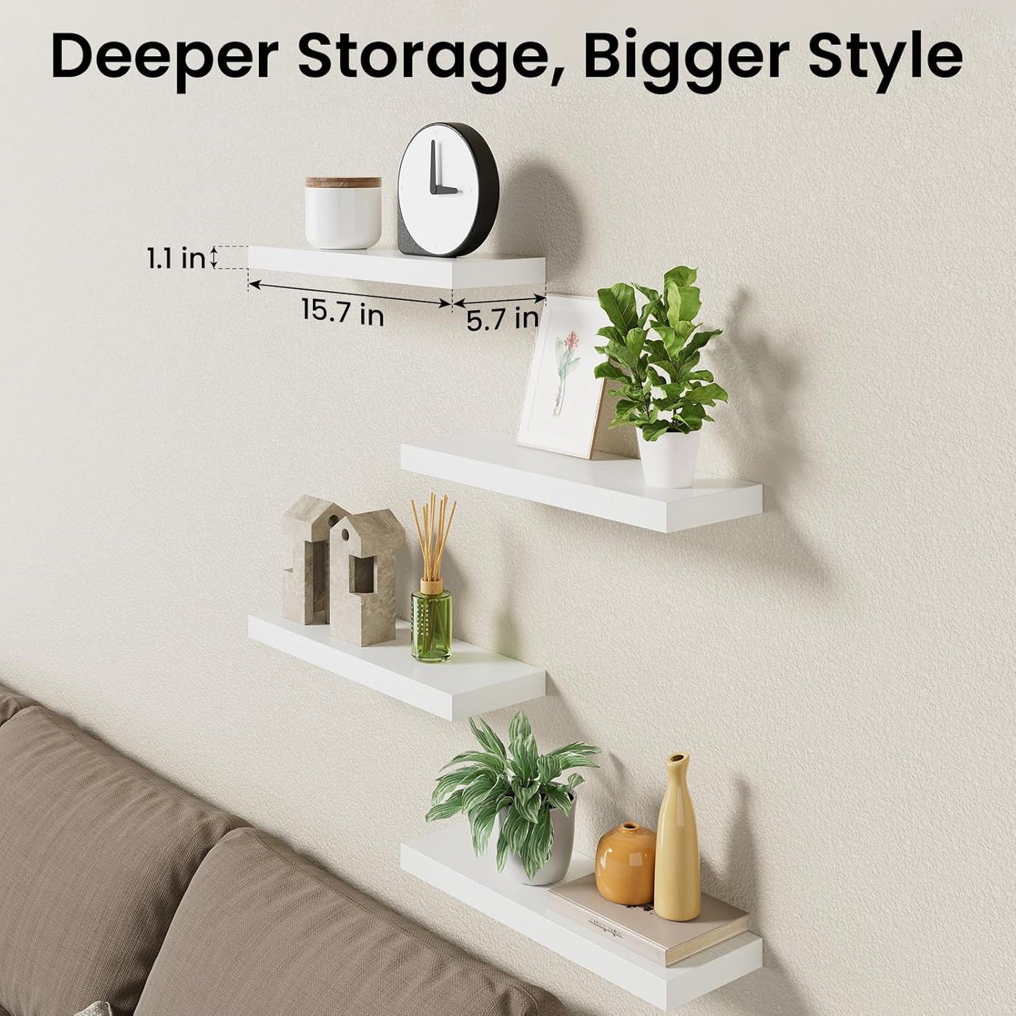 BAYKA Floating Shelves for Wall, Set of 3, Wall Mounted Rustic Wood Shelves for Bathroom, Bedroom, Living Room, Kitchen, Small Hanging Shelf for Books/Storage/Room Decor, Walnut-Like, 15.7in
