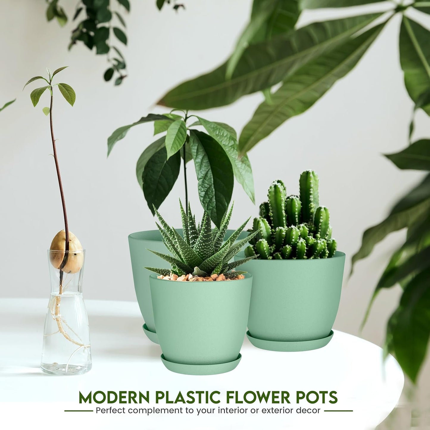 Utopia Home Plant Pots Indoor with Drainage Holes – Set of 5 White Plastic Flower Pots (7/6.6/6/5.3/4.8 Inch) – Modern Planters for Indoor Plants, Room & Office Décor, Great Stocking Stuffers