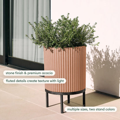 Veradek Demi Series Round Planter w/ Stand for Porch/Patio | Durable Plastic-Concrete & Wooden Stand | Modern Décor for Tall Plants, Flowers