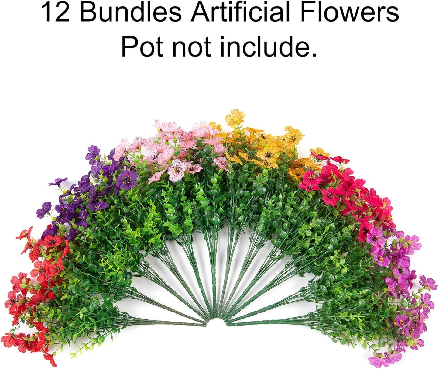 HyeFlora Artificial Flowers for Outdoor Indoor Garden Home Decoration, Faux Flower Daisy with Eucalyptus Leaves Fake Plants Greenery Boxwood Porch Patio, 12 Bundles (Mix Pink Red Purple Yellow)