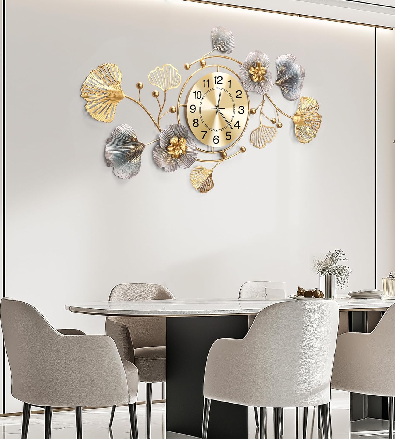 Clocks for Living Room, Large Wall Clock, 3D Silent Wall Clock, Retro Metal Ginkgo Leaf Design, for Bedroom Kitchen Decorative Wall Clocks（32''x18'' ）