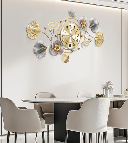 Clocks for Living Room, Large Wall Clock, 3D Silent Wall Clock, Retro Metal Ginkgo Leaf Design, for Bedroom Kitchen Decorative Wall Clocks（32''x18'' ）