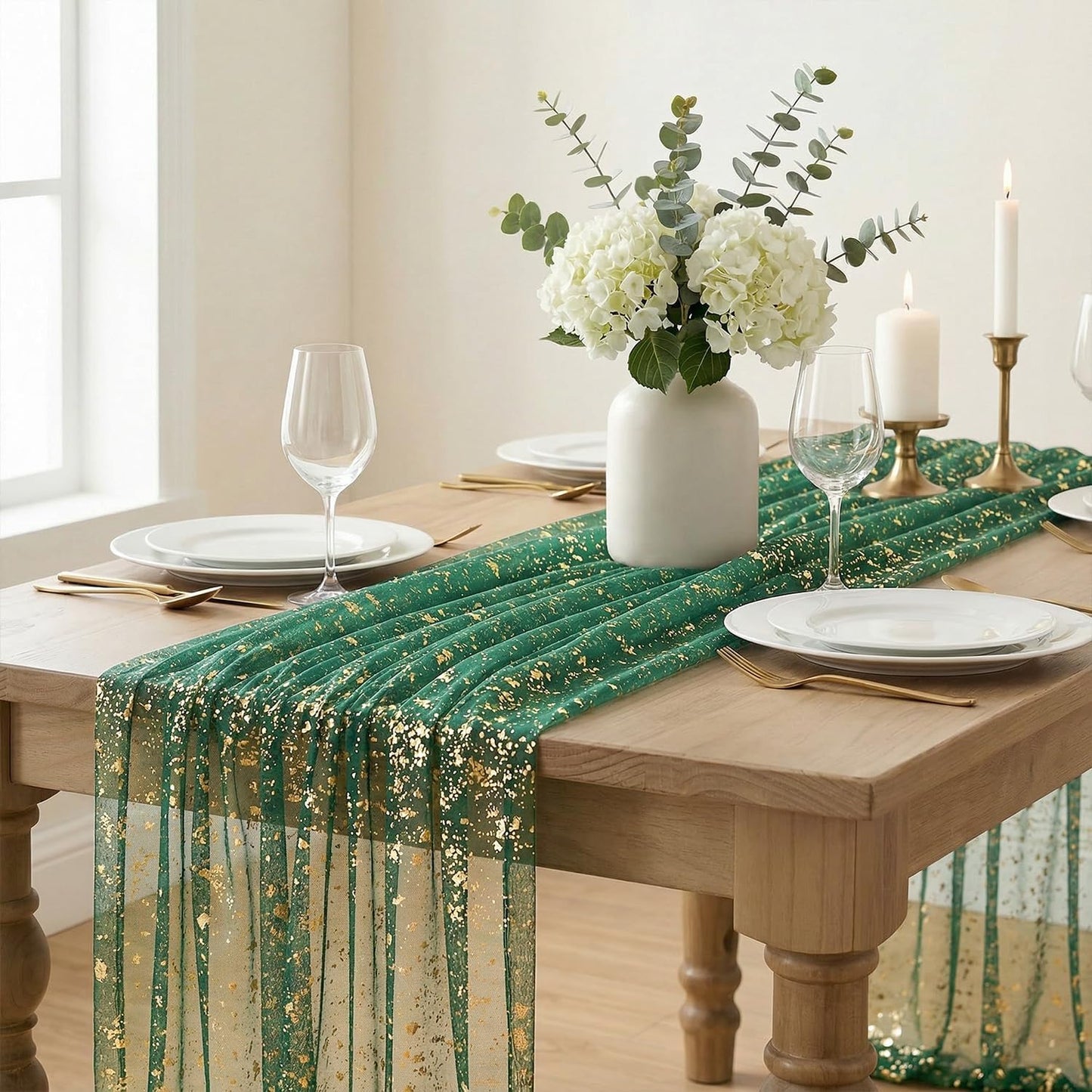 Artoid Mode Beige Gold Gauze Table Runner 120 Inch 10FT, Glitter Metallic Foil Sheer Dining Wedding Anniversary Holiday Birthday Table Decor for Home Party