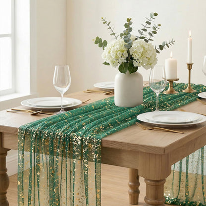 Artoid Mode Beige Gold Gauze Table Runner 120 Inch 10FT, Glitter Metallic Foil Sheer Dining Wedding Anniversary Holiday Birthday Table Decor for Home Party