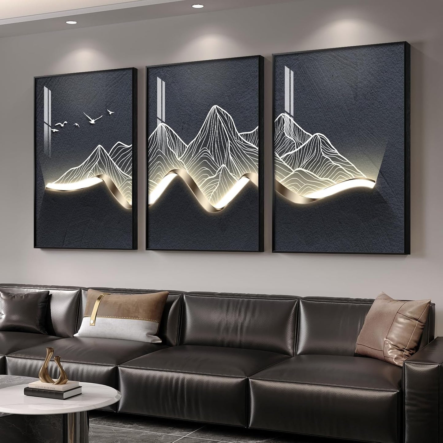 Framed Modern Luxury Gold Wall Art, Set of 3 Piece Contemporary Paintings Artwork for Walls, Golden Prints Pictures with Gold Frame, Wall Decor for Living Room, Hallway, Bedroom, Office 16x24 Inch
