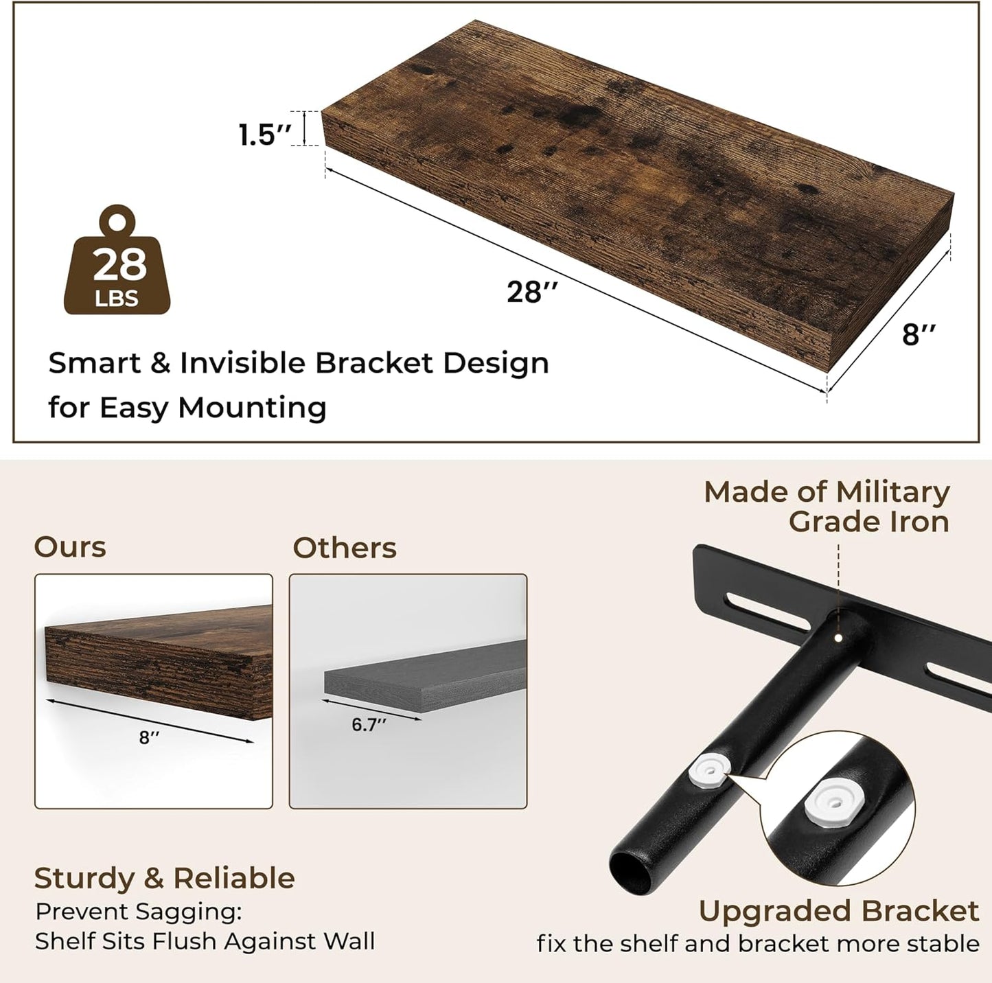 RICHFOCUS 72Inch Floating Shelves for Wall 2 Pack Shelves for Bedroom|Kitchen|Bathroom Wall Mounted Rustic Wood Floating Shelf with Invisible Brackets for Books|Storage|Decor, Rustic Brown
