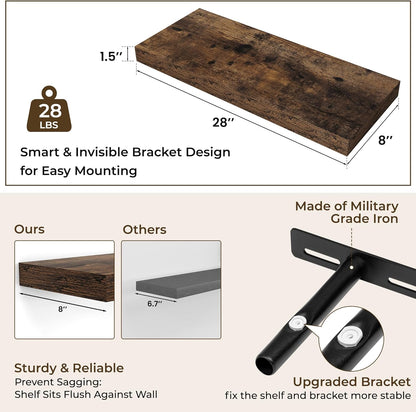 RICHFOCUS 72Inch Floating Shelves for Wall 2 Pack Shelves for Bedroom|Kitchen|Bathroom Wall Mounted Rustic Wood Floating Shelf with Invisible Brackets for Books|Storage|Decor, Rustic Brown
