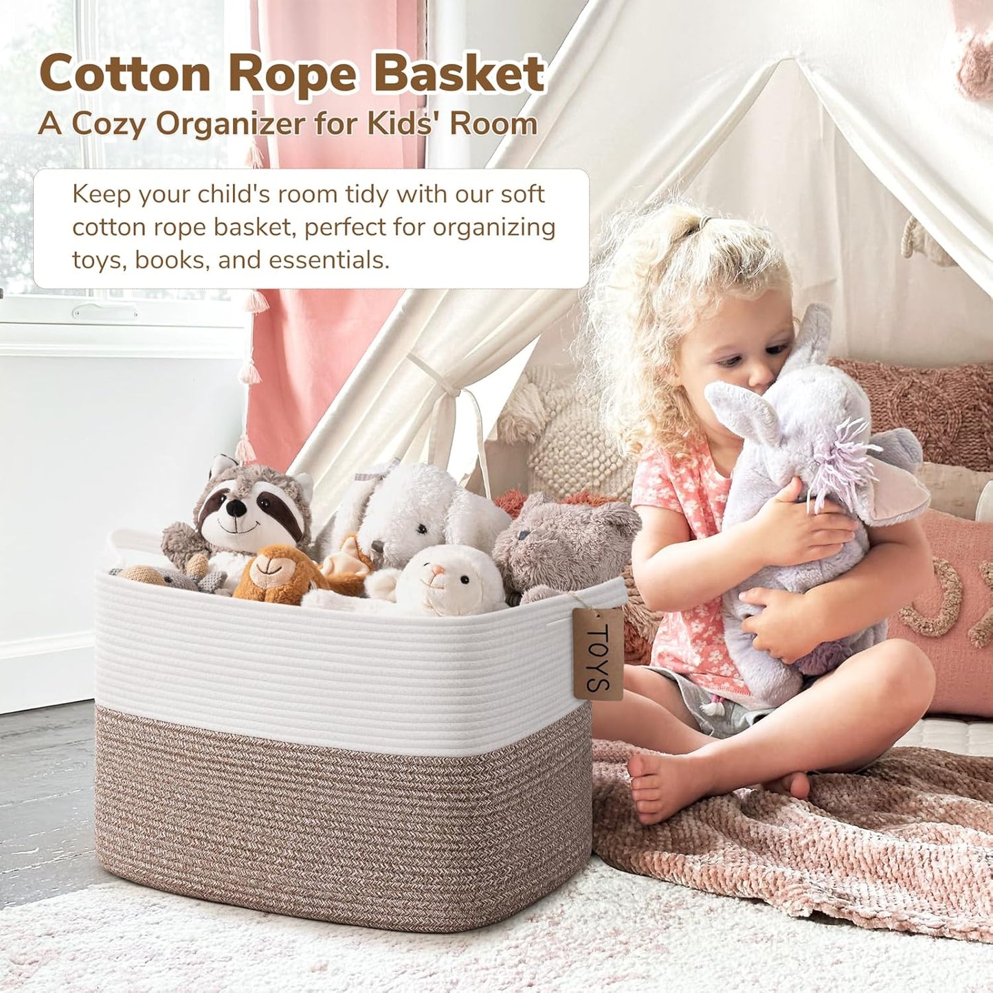 Goodpick Woven Storage Basket, Cotton Rope Basket for Dog Toys, Books, Stylish Gift Basket with Handles, 13 x 10 x 9 Inches Square Baskets for Organizing, Brown and White