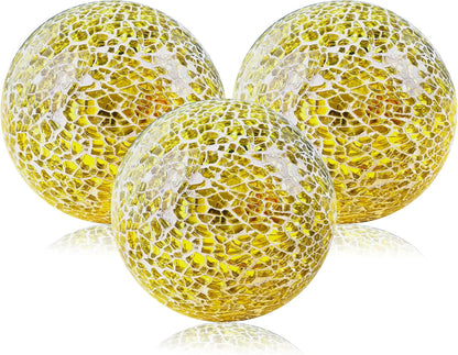 3 Pack Blue Decorative Orbs Mosaic Crack Glass Balls Decor Solid Sphere Globe Bowl Vase Fillers Holiday Living Room Mantle Basket Centerpiece 3.35 Inch