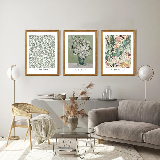 FWAHREN 3 Piece Framed Vintage Botanical Floral Canvas Wall Art Set, Matisse Van Gogh William Morris Paintings, Large Pictures Prints Wall Decor for Living Room Bedroom Bathroom Office, 12x16in