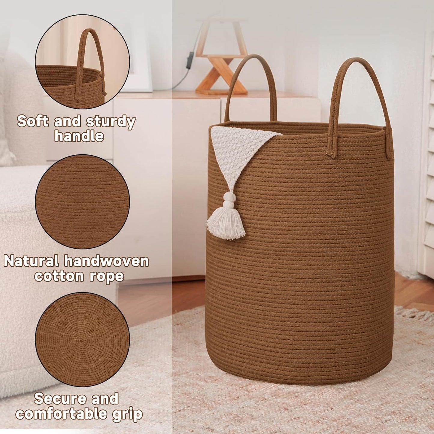 JMvicyroam Large Woven Laundry Basket Hamper,60L Cotton Rope Storage Bin for Blankets,Toys and Clothes,Decorative Tall Nursery Hamper for Living Room,Baby Nursery,Bathroom and Bedroom,Brown