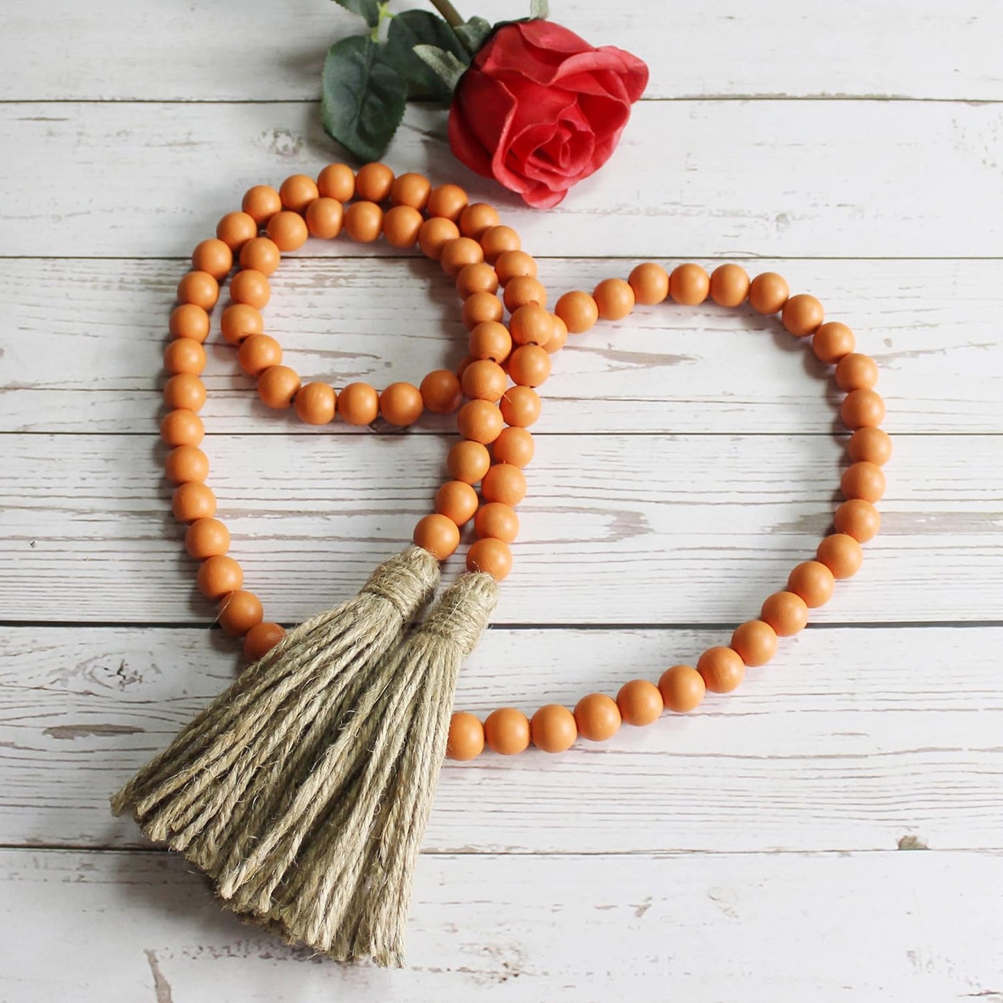 CVHOMEDECO. Wood Beads Garland with Tassels Farmhouse Rustic Wooden Prayer Bead String Wall Hanging Accent for Home Festival Decor. Mix Distressed