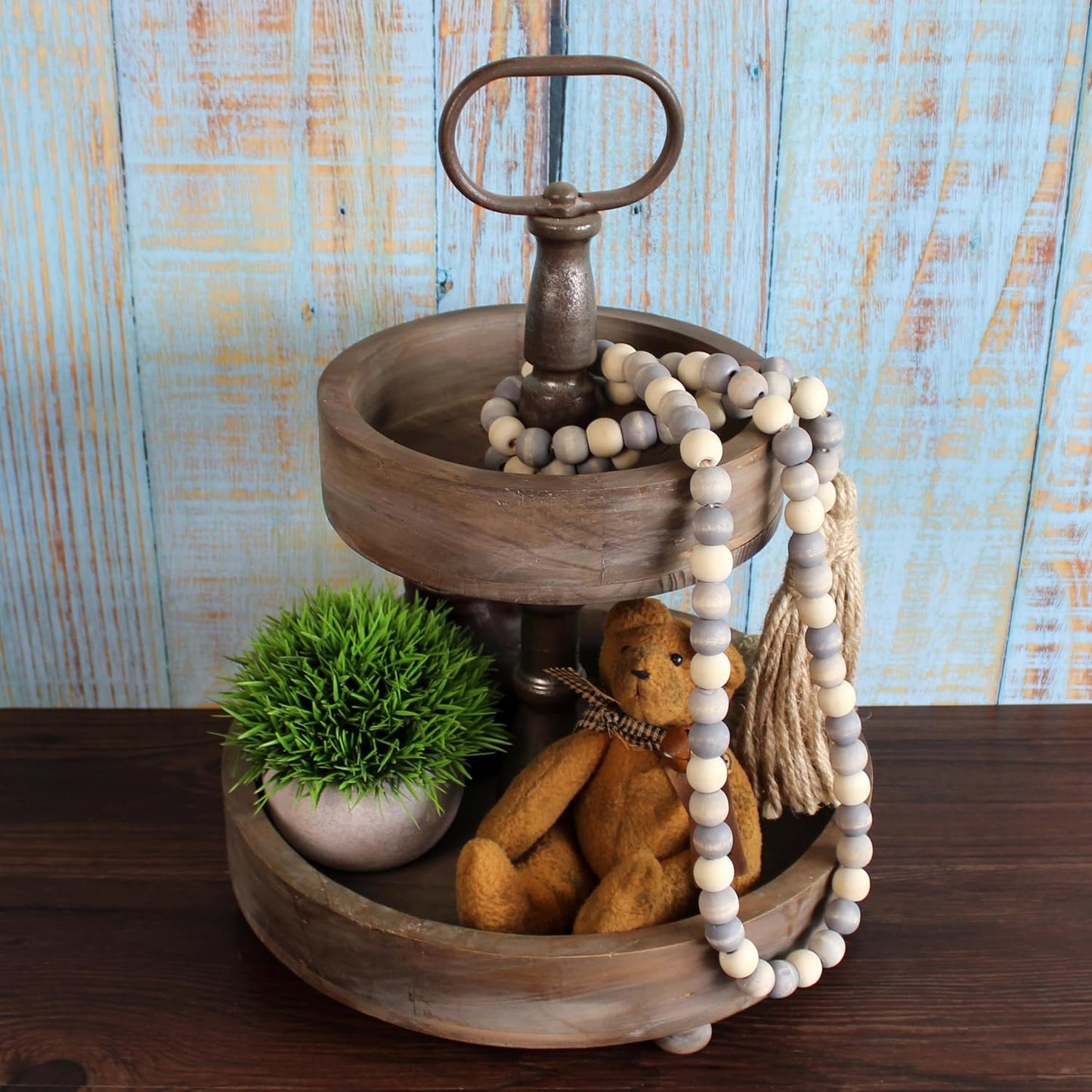 CVHOMEDECO. Wood Beads Garland with Tassels Farmhouse Rustic Wooden Prayer Bead String Wall Hanging Accent for Home Festival Decor. Mix Distressed