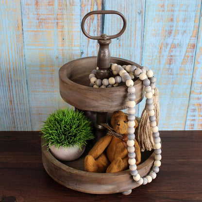 CVHOMEDECO. Wood Beads Garland with Tassels Farmhouse Rustic Wooden Prayer Bead String Wall Hanging Accent for Home Festival Decor. Mix Distressed