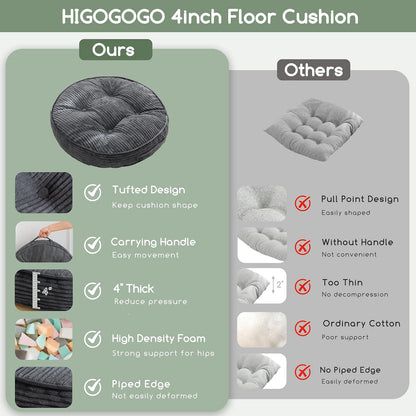 HIGOGOGO 6" Extra Thick Floor Pillow Cushion for Adults, Meditation Cushion Pillow, Large Square Floor Sitting, Tufted Corduroy Cover, for Tatami Living Room or Yoga, 22x22 Inch, 2Pack, Dark Grey