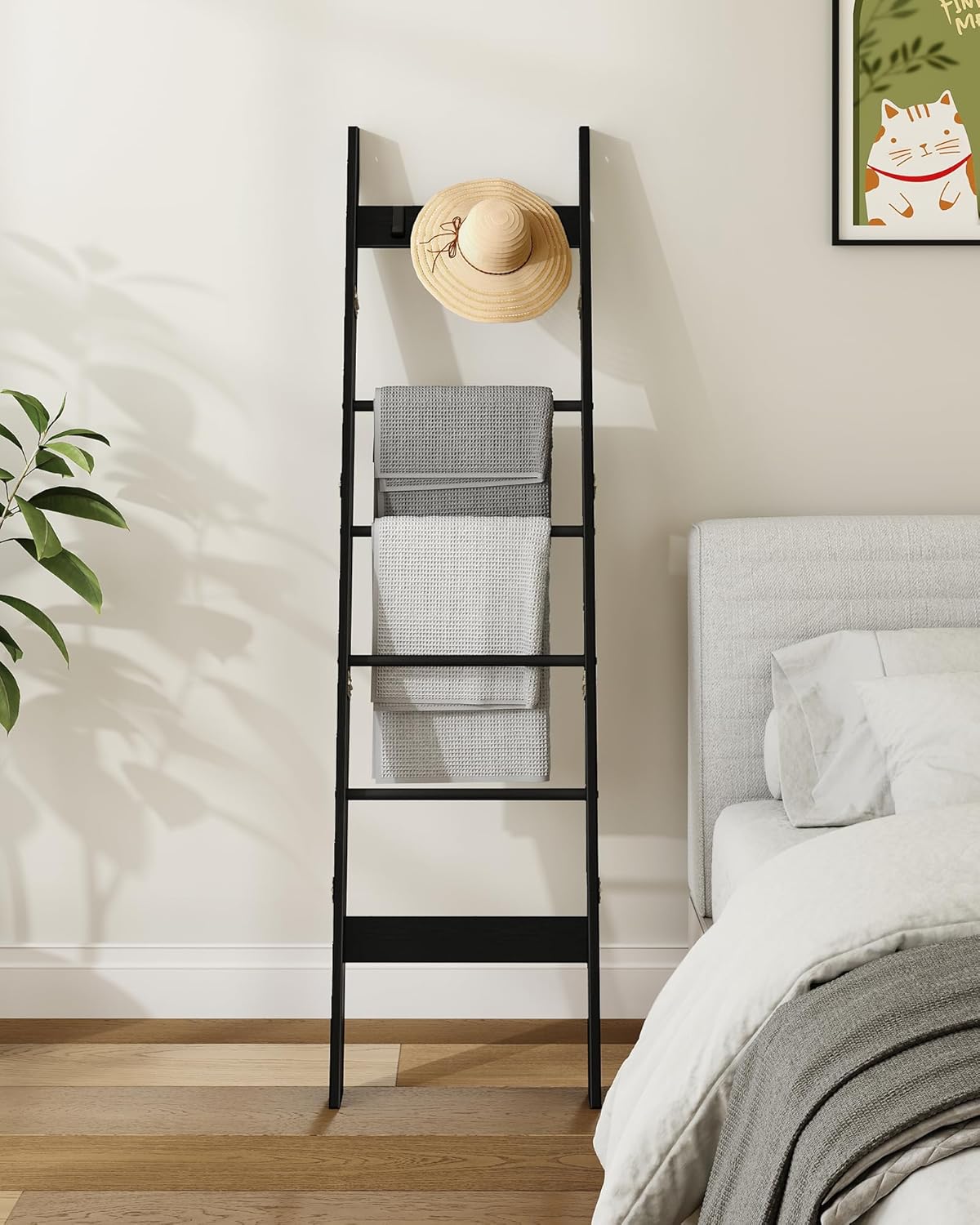 Hzuaneri Blanket Ladder for Living Room, Decorative Quilt Rack with 4 Removable Hooks, 5-Tier Farmhouse Ladder Holder Shelf Organizer for Bedroom, Rustic Brown and Black 02101BBR