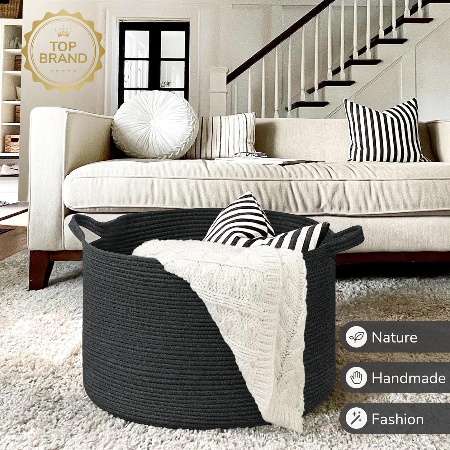 INDRESSME XXXLarge Blanket Basket for Living Room 21.7" x 21.7" x 13.8"-Storage Basket with Handle for Organizing Toy Pillows Woven Cotton Rope Laundry Basket Stuffed Animal Toy Storage for Play Room