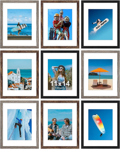 Vittanly 8x10 Picture Frames Set of 9, Shatter Resistant Plexiglass, Display 5x7 Pictures with Mat or 8x10 without Mat, Photo Frames for Wall or Tabletop, Engineered Wood, Black - Colors B