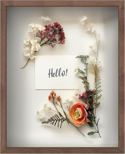FrameWorks 11” x 14” Dark Oak Wooden Shadow Box Frame – Display Case with Soft Felt Back, Memory Box with Tempered Glass, Display Box with Elegant White Ball Push Pins, Wooden Flower Box