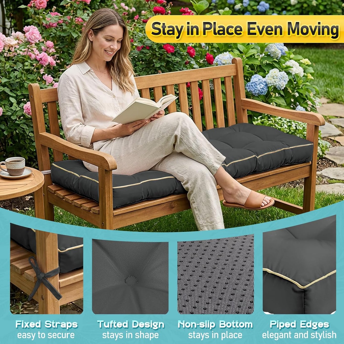 Outdoor Bench Cushion, Tufted Patio Seat Pad for Garden Bench, Porch Swing, Indoor/Outoor Furniture (Blue, 48X18X4 inch)