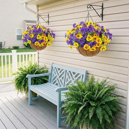 lovemoon 2 Sets Artificial Hanging Pansy Flowers with Baskets, 24 Pcs UV Resistant Faux Silk Pansy Outdoor Hanging Flower for Porch Patio Garden Home Spring Decor (2, White,Yellow,Purple)