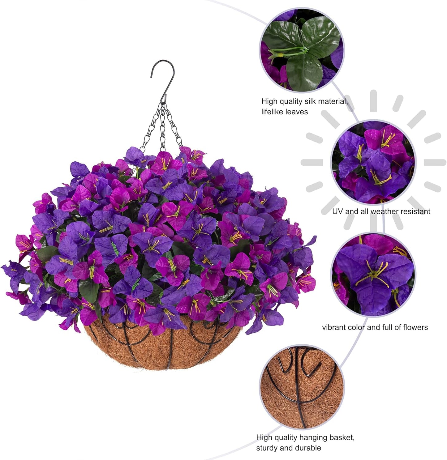 Artificial Hanging Flowers Faux Plants Basket for Outdoors Spring Summer Decor, Fake Silk Bougainvillea in Planter Outdoor Look Real UV Resistant Faux Flower for Outside Porch Patio Garden Home, White