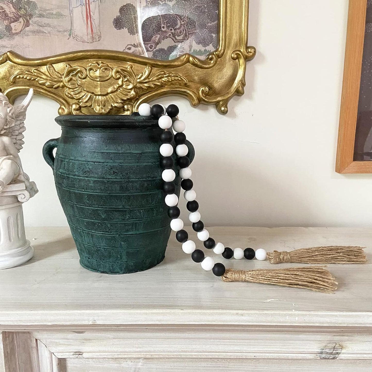 OMISHE 59in Wood Bead Garland with Tassels, Decorative Beads, Farmhouse Wooden Beads Garland for Wall Hanging Home Festival Decor, Aqua, Teal