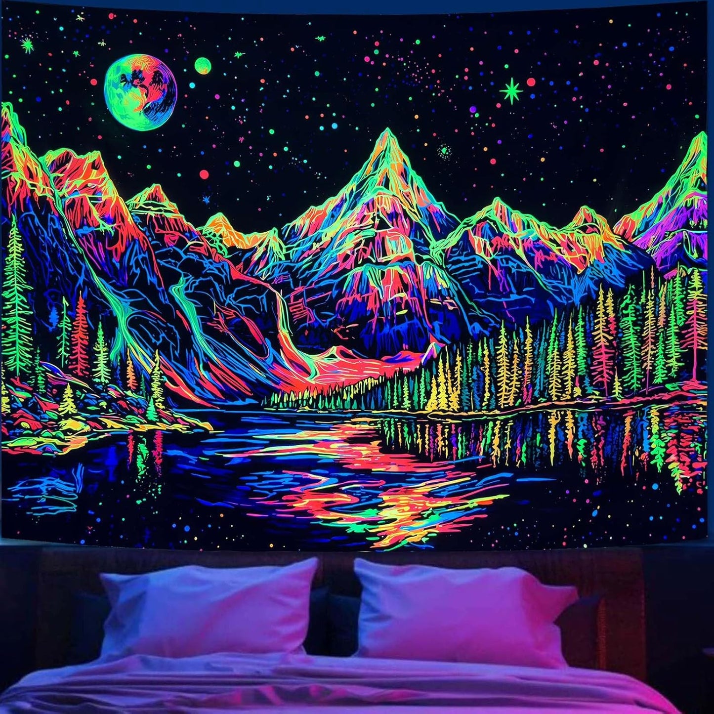 Zussun Black and White Tapestry Starry Night Mountain Tapestries for Bedroom Aesthetic Moon and Stars Tapastry's Wall Hanging Dark Nature Forest Wall Tapestry for Living Room Dorm (48'' × 36'')