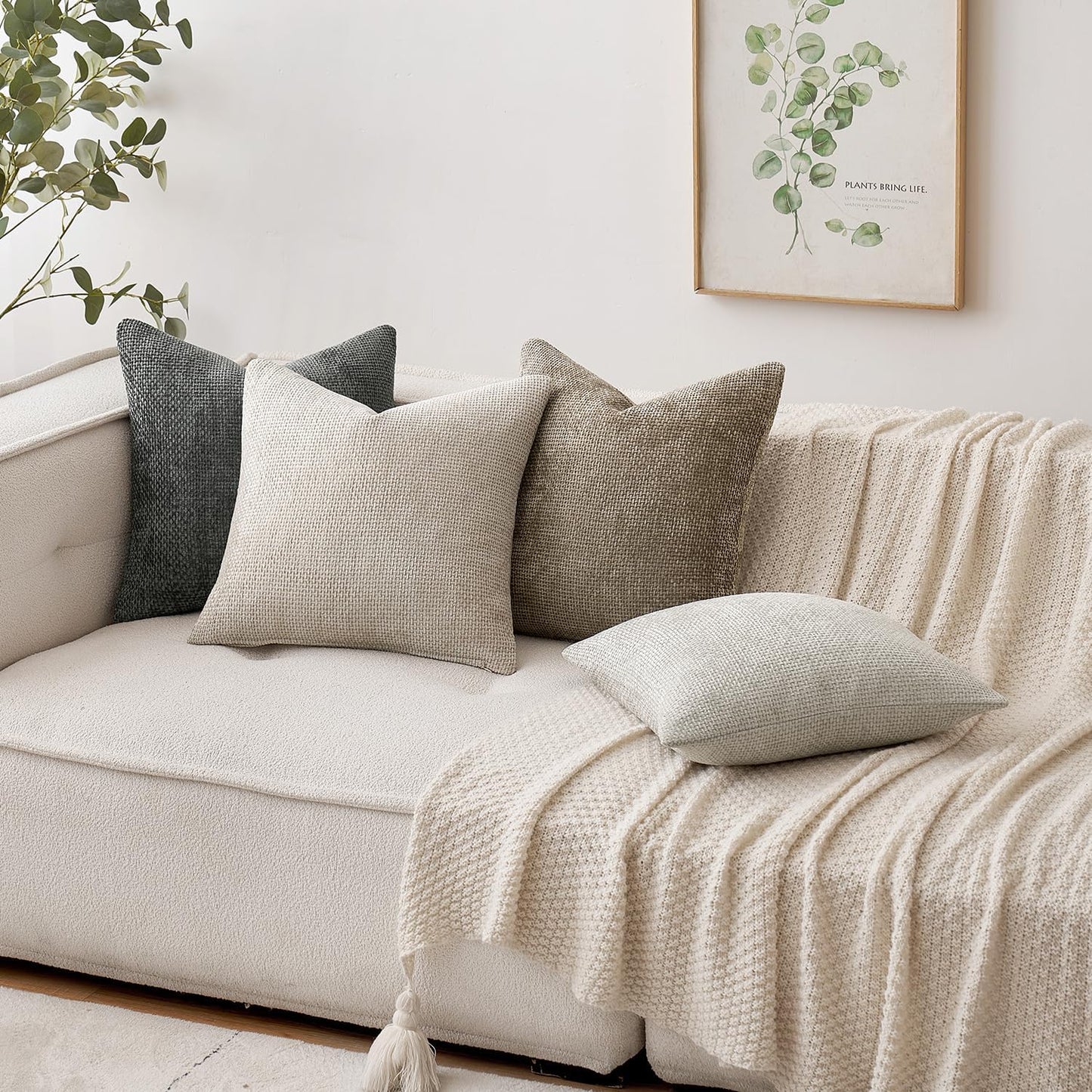 MIULEE Pack of 2 Couch Throw Pillow Covers 18x18 Inch Neutral Beige Modern Boho Accent Decorative Pillow Covers Soft Chenille Farmhouse Cushion Covers for Home Decor Bed Sofa Living Room