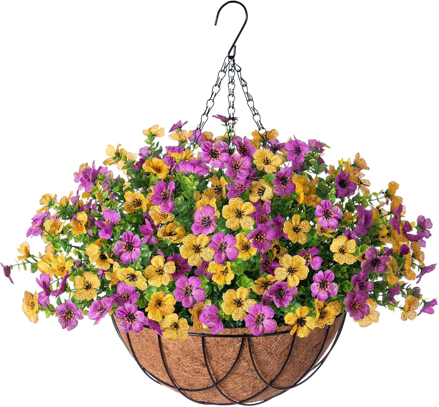 Artificial Silk Flowers Hanging Basket for Outdoor Indoor, Daisy with Eucalyptus Leaves Arrangement for Garden Yard Spring Summer Decor, Faux Green Plant in Metal Coconut Lining Pot(Red Purple)