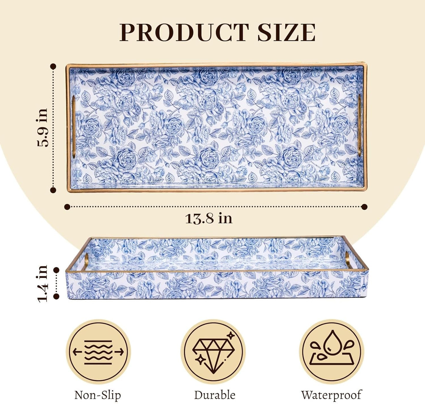 MAONAME White Decorative Tray, Plastic Serving Tray with Handles, Rectangular Moroccan Trays, Long Narrow Trays for Bathroom, Kitchen Counter, 13.8" X 6" X 1.57"