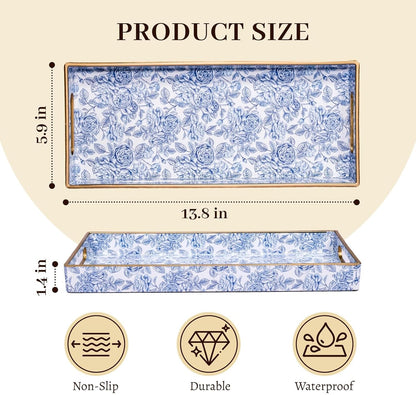 MAONAME White Decorative Tray, Plastic Serving Tray with Handles, Rectangular Moroccan Trays, Long Narrow Trays for Bathroom, Kitchen Counter, 13.8" X 6" X 1.57"