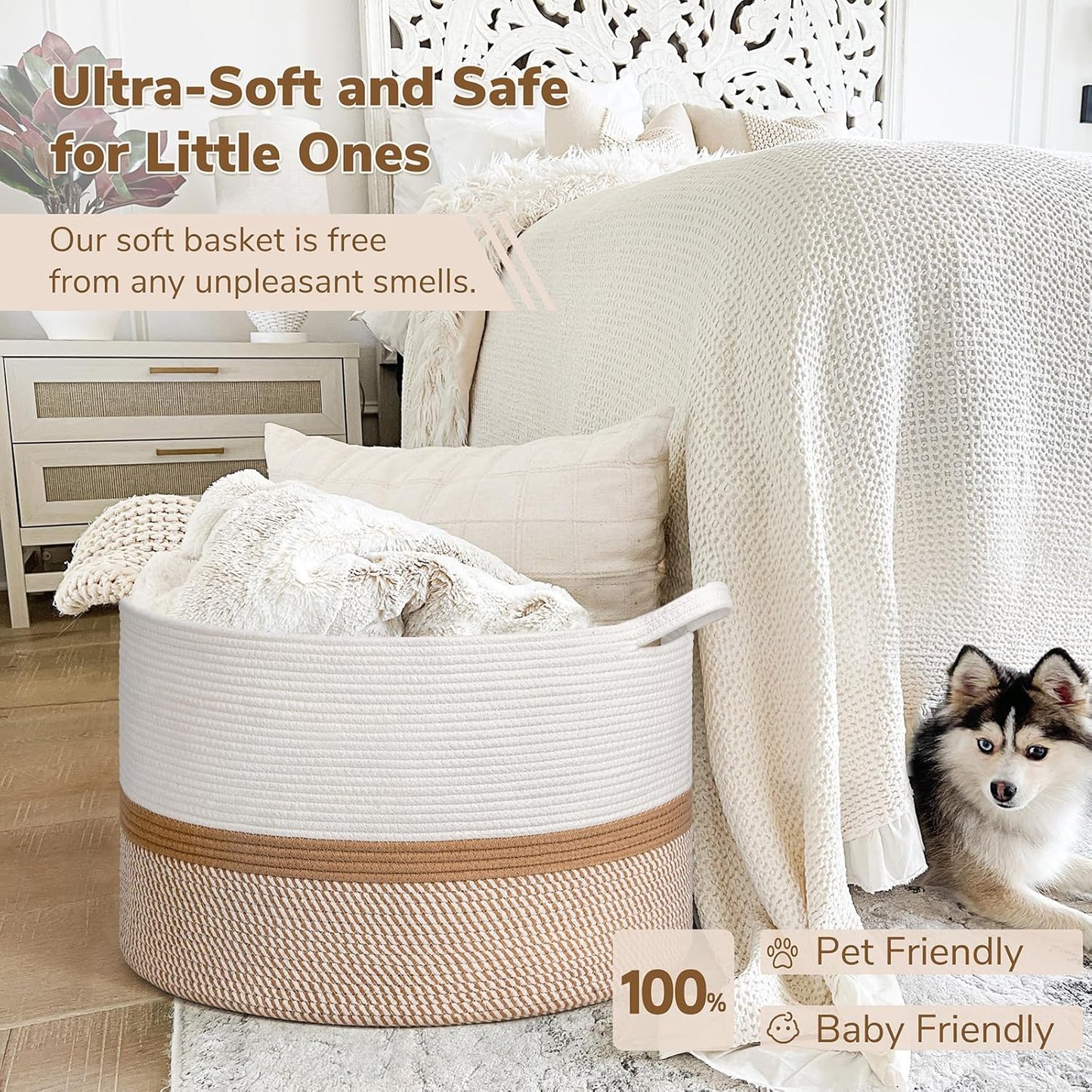 INDRESSME XXXLarge Blanket Basket for Living Room 21.7" x 21.7" x 13.8"-Storage Basket with Handle for Organizing Toy Pillows Woven Cotton Rope Laundry Basket Stuffed Animal Toy Storage for Play Room