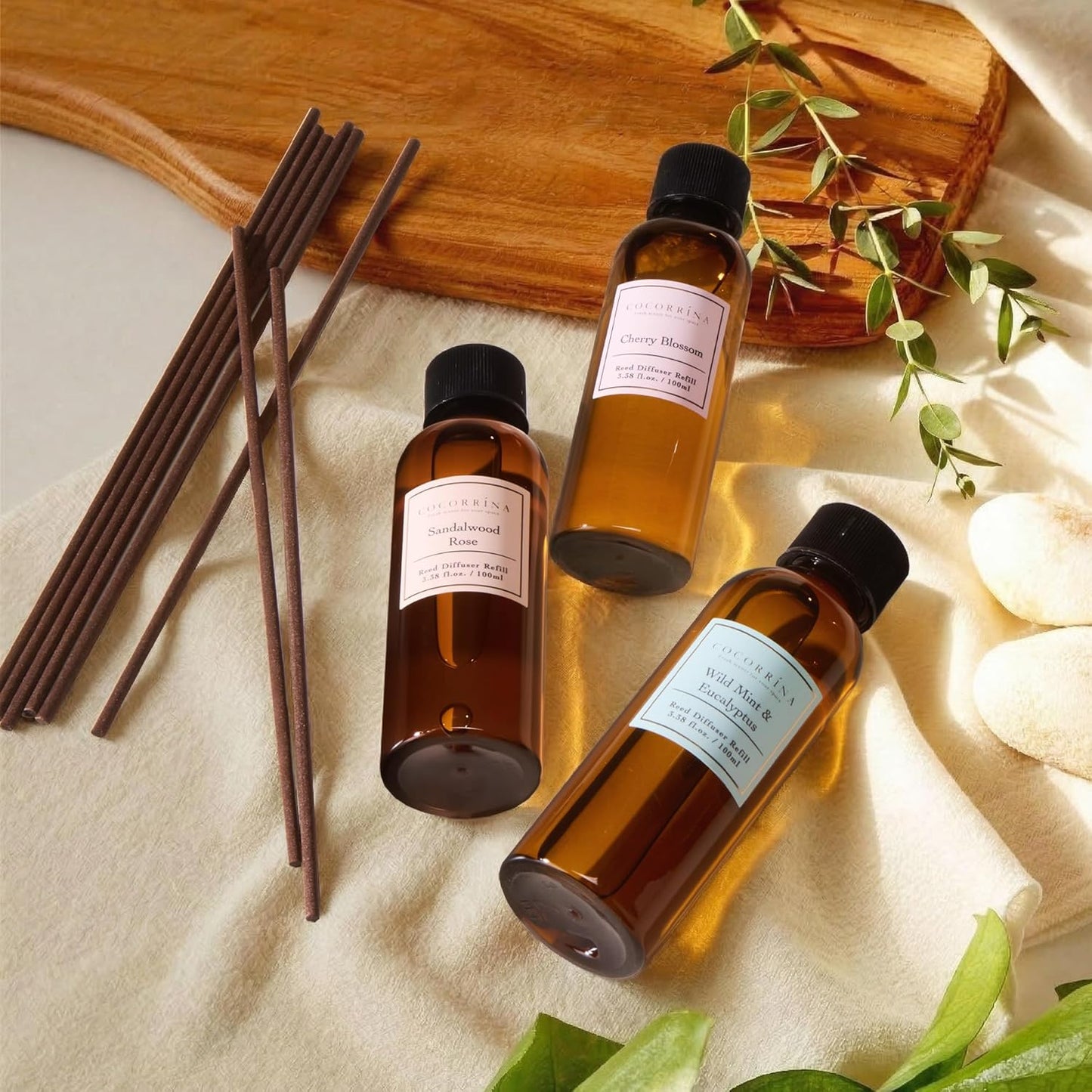 COCORRÍNA Reed Diffuser Set, 10.2oz Scented Oil Refill 3 Pack, Cashmere Vanilla, Ocean Mist, Lavender Garden, Long Lasting Oil Diffuser Refill with 18 Sticks for Bathroom & Bedroom