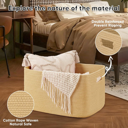 OIAHOMY 75L Large Woven Cotton Rope Storage Basket with Handle for Organizing Blanket and Toys for Living Room, Nursery, Brown Variegated 22”x17”x12”