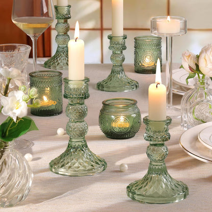 DARJEN 6Pcs Gold Candlestick Holders Set - 4" H & 5" H Striped Taper Candle Holders Bulk, Glass Candle Holders for Wedding, Festival, Party, Table Centerpiece, Gifts