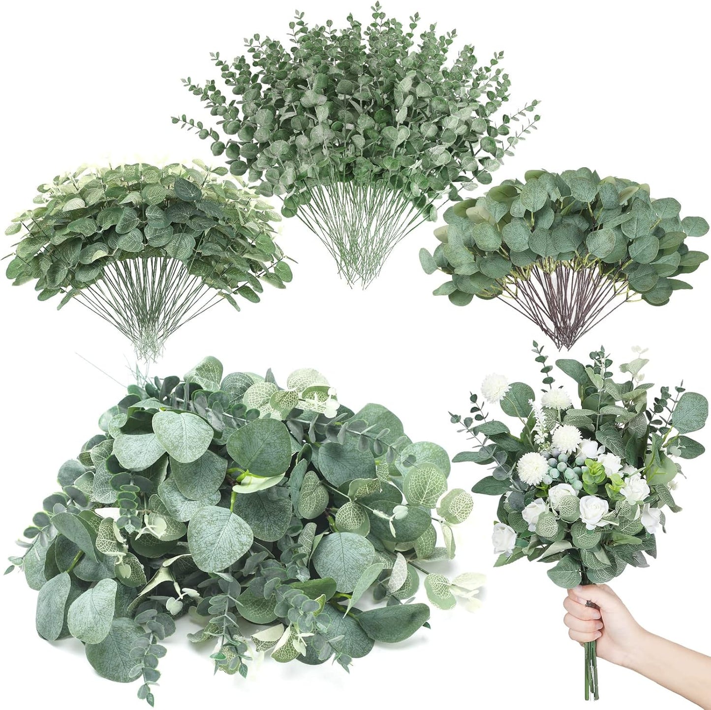 Giegxin 180 Pcs 3 Kinds Mixed Artificial Eucalyptus Leaves Stems Bulk Silver Dollar Leaves Picks Dried Eucalyptus Bundle Faux Spray for Wedding Vase Bouquet Floral Arrangement (Green)