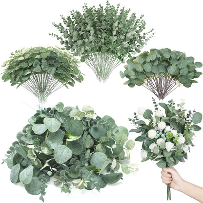 Giegxin 180 Pcs 3 Kinds Mixed Artificial Eucalyptus Leaves Stems Bulk Silver Dollar Leaves Picks Dried Eucalyptus Bundle Faux Spray for Wedding Vase Bouquet Floral Arrangement (Green)