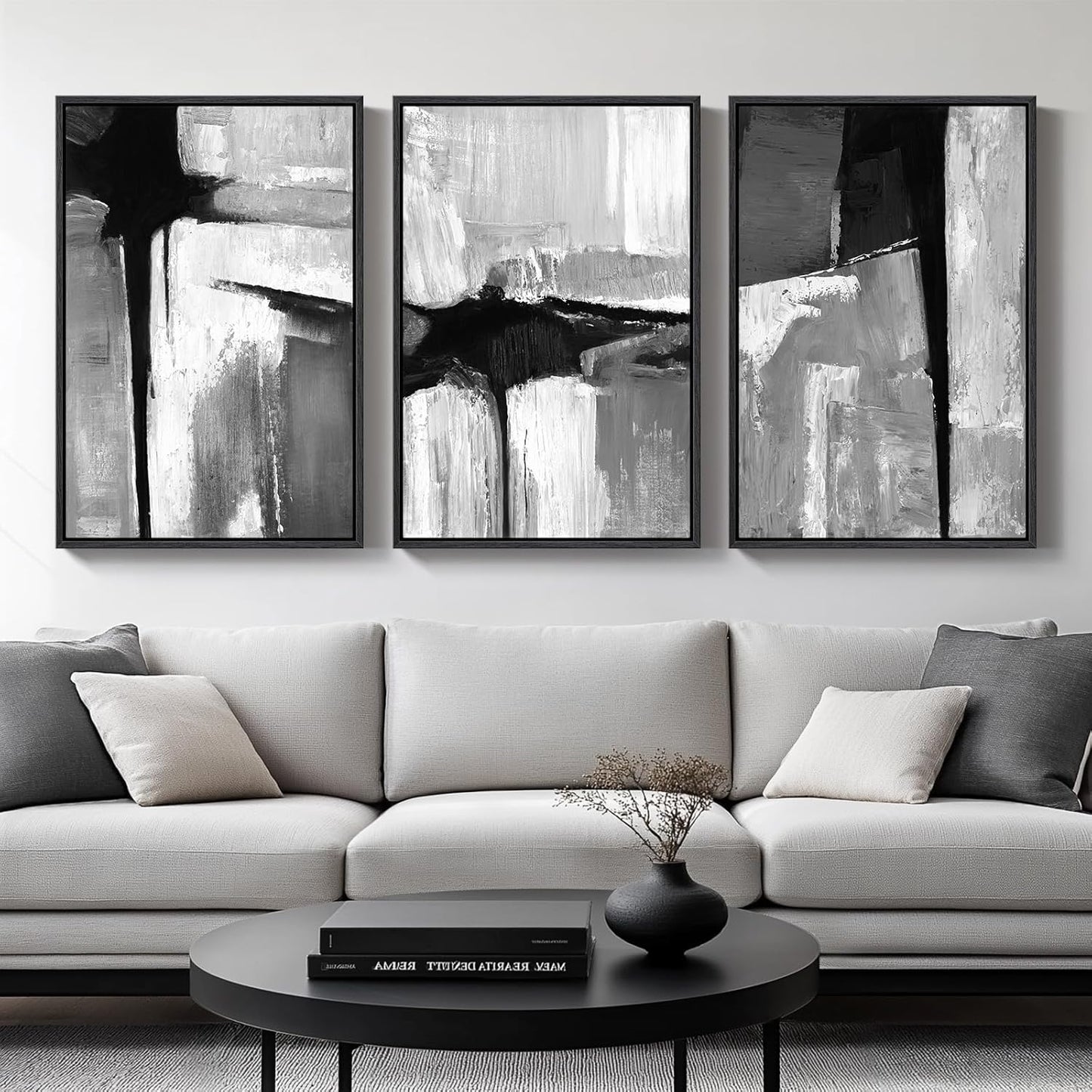 Large Framed Black and White Abstract Wall Art for Living Room, 3 Piece Big Modern Canvas Prints Paintings Artwork for Walls, Minimalist Abstract Art Pictures for Hallway, Office Wall Decor 24x36 In