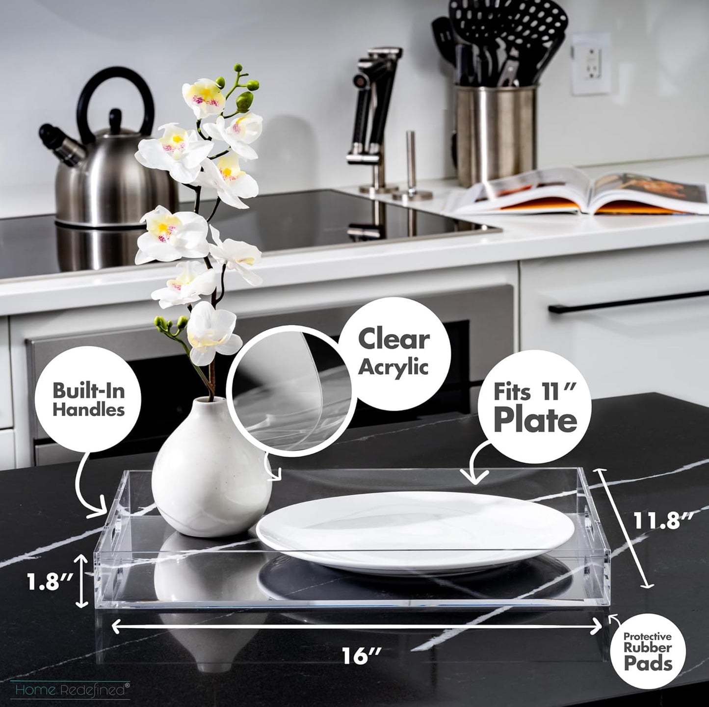 Home Redefined Beautiful Modern Elegant 17.5"x12" Rectangle Classic Black Faux Leather Decorative Tray Ottoman Coffee Table Perfume Living Room Kitchen Serving Tray with Handles for All Occasion's